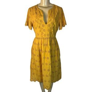 MADEWELL Short sleeve v neck floral Eyelet embroidered Midi Dress gold mustard 4